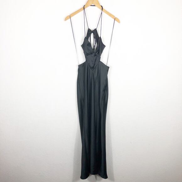 Zara Black Satin Cut Out Slip Maxi Dress Small Tie Back Cocktail Formal Wedding - Picture 3 of 13